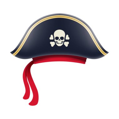 Cartoon pirate captain tricorn cocked hat. Vector seafarer headdress with jolly roger skull and crossbones. Isolated buccaneer headgear, sailor cap with red headband. Filibuster piracy costume