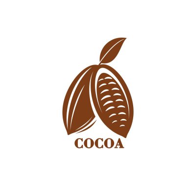 Cocoa icon. Cacao bean graphic symbol or emblem. Cocoa farm, chocolate food product or cacao sweet dessert drink vector sign or label with brown cacao fruit seed and leaf