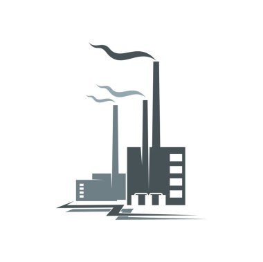 Industrial building, factory or plant icon. Oil or petroleum refinery, power plant, production and manufacturing company monochrome vector icon, sign or symbol with smoke coming from factory pipe
