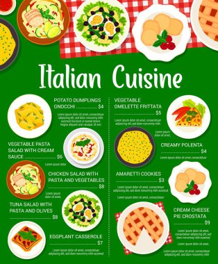 Italian cuisine menu vector omelette frittata, pasta salad with cream sauce and amaretti cookies. Tuna salad with pasta and olives, potato dumplings gnocchi, chicken salad with pasta and vegetables