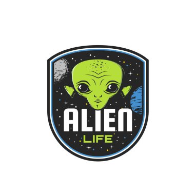 Alien life icon. Space and galaxy exploration, cosmos research and Sci Fi monster vector badge, retro sticker or emblem with humanoid alien, extraterrestrial creature green face, planets and stars