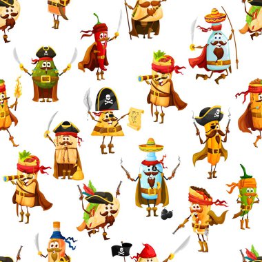 Tex mex mexican pirates and corsairs characters seamless pattern. Fabric or textile vector seamless print with tacos, burritos and tequila, nacho, enchilada and jalapeno filibuster funny personages