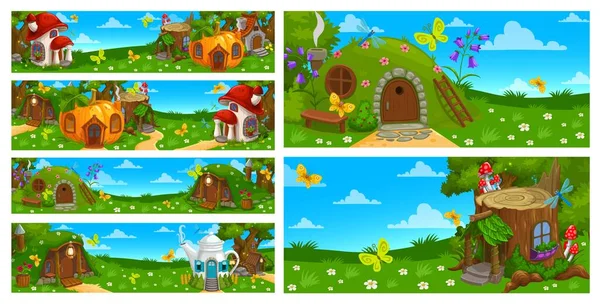 Cartoon Houses Game Level Landscape Pixie Home Tree Stump Gnome —  Vetores de Stock
