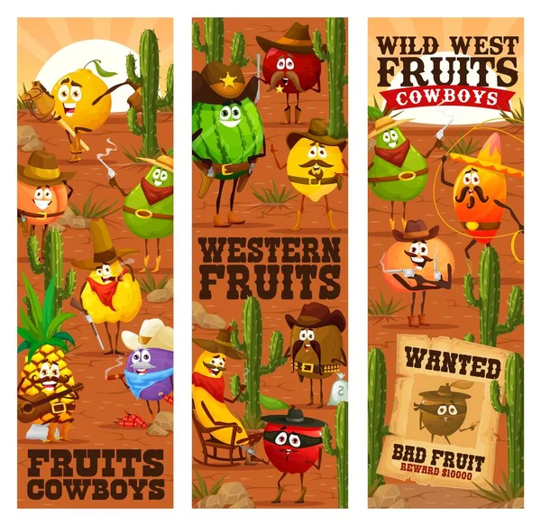 Wild West Cartoon Fruits Cowboys Western Sheriff Rangers Robber Characters — Stok Vektör