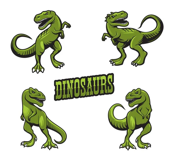 ティラノサウルスの恐竜のマスコット Rexモンスター ジュラシックラプタースポーツチームマスコットキャラクター 危険と凶暴なティラノサウルス緑の爬虫類異なるポーズで轟音 積極的なティラノサウルスのマスコット — ストックベクタ
