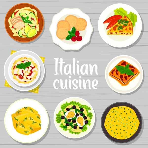 Italian Cuisine Menu Cover Vector Creamy Polenta Tuna Salad Pasta — Stockvector
