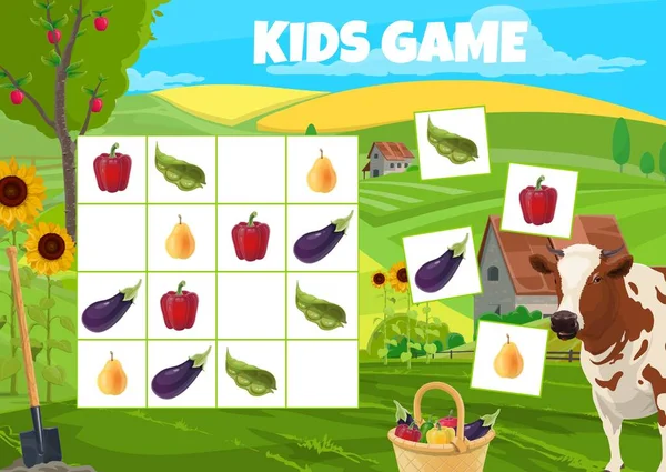 Sudoku Kids Game Farm Animals Fruits Vegetables Vector Riddle Worksheet — Vetor de Stock