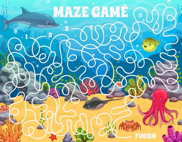 Labyrinth Maze Cartoon Underwater Landscape Animals Kids Vector Board Game — Stock Vector