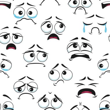 Sad and crying cartoon faces seamless pattern. Vector background with unhappy, anxious, plaintive, deplorable personages emoji. Comic characters tragic facial expression, negative sadness emotions