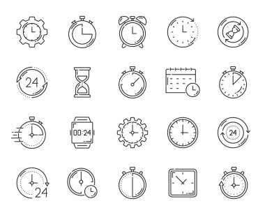 Timer clock outline icons. Alarm, stopwatch, calendar timer. Time measuring, management and planning, business productivity outline vector symbols or icons with modern alarm clock, wristwatch