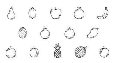 Farm garden raw fruit line icons. Pear, lemon, apple, pomegranate and banana, kiwi, quince, mango and orange, plum, pineapple, watermelon and sapodilla fruits outline vector, minimal pictograms set