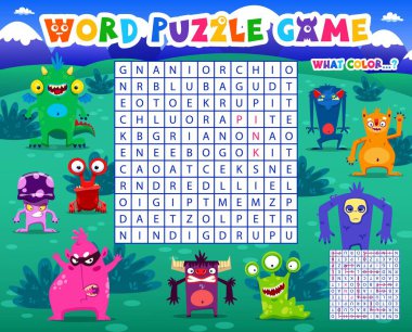 Word search puzzle game, cartoon monster characters. Vector worksheet, kids quiz grid, crossword brainteaser for children with funny aliens mutants and latin letters at square field, educational task