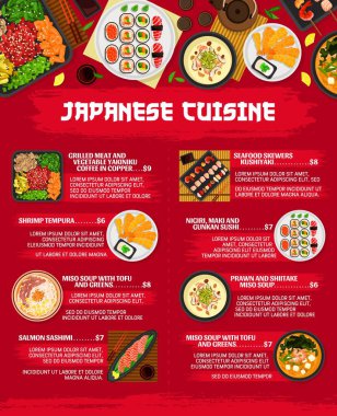 Japanese cuisine menu, restaurant dishes and Asian food meals, vector lunch and dinner. Japanese cuisine food bowls with sushi, sashimi and beef teriyaki noodles, seafood kushiyaki and shrimp tempura