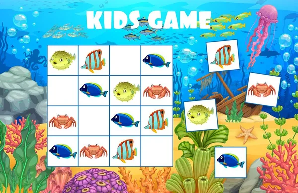 Sudoku Game Cartoon Underwater Landscape Fish Kids Vector Riddle Boardgame — Wektor stockowy