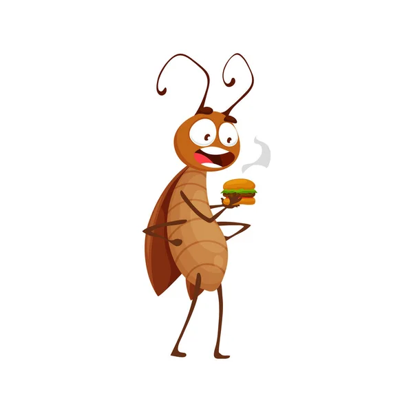 Cartoon Cockroach Character Eating Burger Isolated Vector Bug Enjoying Fast — Stock Vector