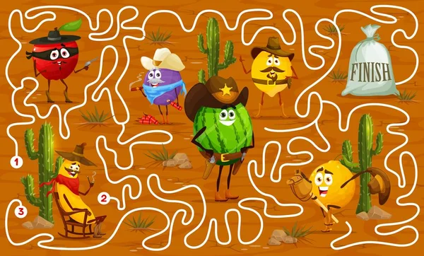 Labyrinth Maze Game Cartoon Fruit Cowboy Ranger Sheriff Robber Characters — Stok Vektör