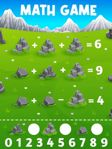 Math Game Worksheet Stones Rocks Mountain Meadow Kids Educational Riddle — Wektor stockowy