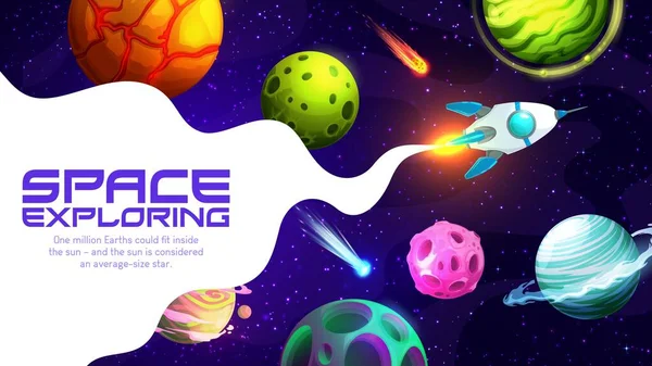 Space Landing Page Cartoon Galaxy Flying Rocket Spaceship Company Internet — Stock Vector