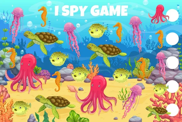 Spy Game Cartoon Underwater Landscape Animals Kids Vector Worksheet Riddle — Wektor stockowy