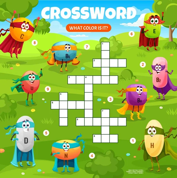 Crossword Quiz Game Grid Cartoon Superhero Micronutrient Vitamin Characters Meadow — Stockvektor