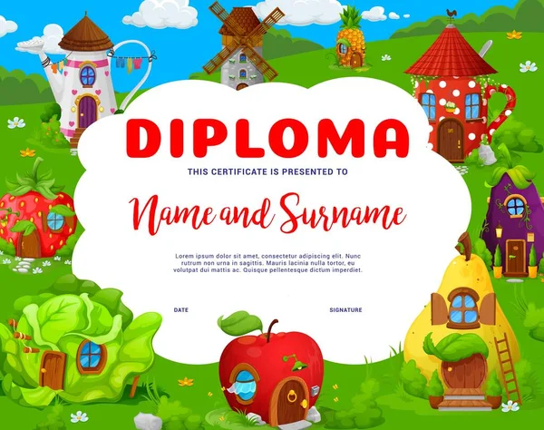 Kids Diploma Fairytale Houses Homes School Children Education Diploma Kindergarten — Stock vektor