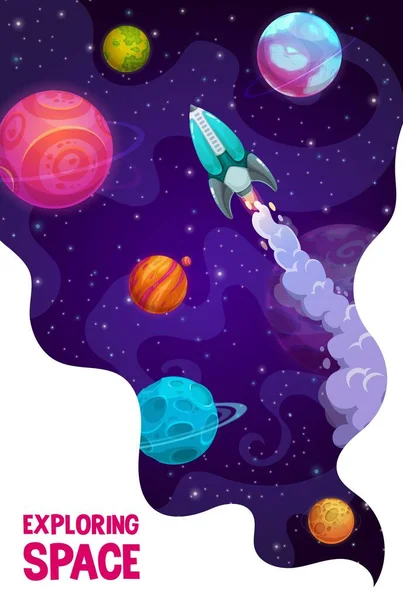 Galaxy Exploring Poster Rocketship Space Planets Stars Starry Nebula Space — Stockvector