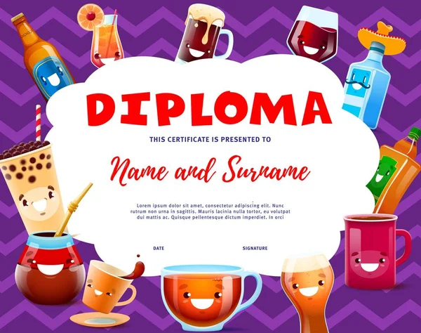 Sommelier Taster Diploma Cartoon Drinks Beverage Characters Vector Certificate Cute — Stock Vector