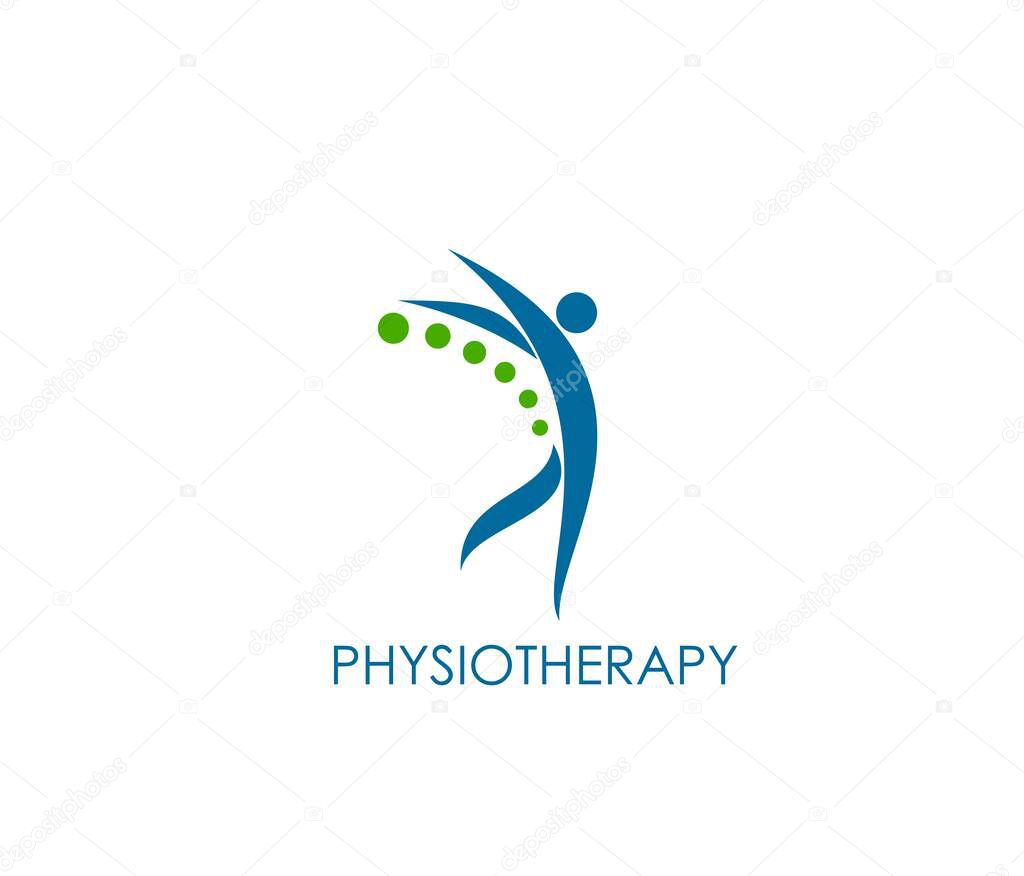 Physiotherapy icon. Spine, back pain, body health, chiropractic massage and therapy vector symbol with abstract figure of human body. Health care and medicine sign of physical therapy