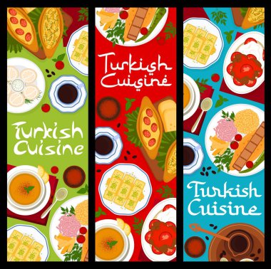 Turkish cuisine restaurant banners. Nuts dessert Baklava, meatballs Kofte and tomato chicken soup, tea, bread Pide with meat and cheese, Iskender kebab and Turkish coffee, meat dumplings Manti