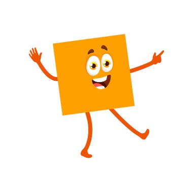 Square math or geometric shape cartoon character. Yellow geometry figure personage. Isolated vector funny object with cute face. Education classes for children, kids school mathematics lessons