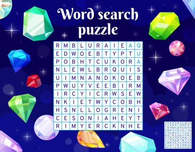 Gems, jewelry and crystals word search puzzle game worksheet, quiz grid. Vector kids crossword grid, brainteaser for children with bright cartoon precious gemstones and latin letters at quiz field