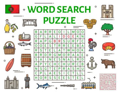 Portugal symbols word search puzzle game worksheet, vector riddle. Search word puzzle to search and find words in grid, Portuguese landmarks, flag with rooster and tram, cheese and sardines