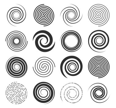 Spiral swirl icons, circle shape lines and twirl symbols, vector circular round motion and hypnotic elements. Spiral swirls in abstract geometric pattern, radial speed lines in twists and whirls