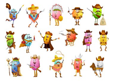 Cartoon vitamin cowboys, bandits, rangers and indians characters. Vector B2, U, C, B12 and E. P, N, B1, A and H with D, K and B9 western horsemen and indigenous aboriginal personages