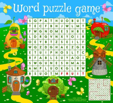 Word search puzzle game, fairytale magic houses and dwellings, vector quiz worksheet. Kids word search grid with cartoon elf homes and house huts village in cup, windmill and apple or fairy pear