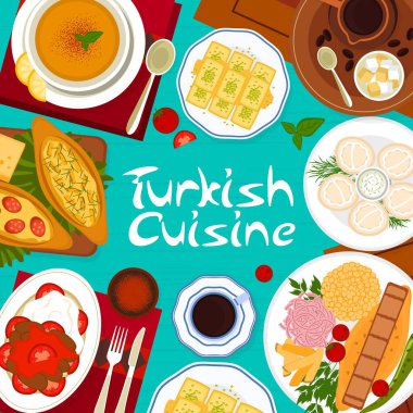 Turkish cuisine menu cover template. Meatballs Kofte, tea and Iskender kebab with pita, nut dessert Baklava, tomato chicken soup and Turkish coffee in copper cezve, bread Pide, meat dumplings Manti