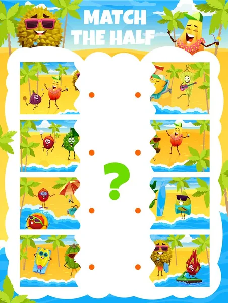 Match Half Cartoon Fruits Characters Summer Beach Party Vector Game — Stock Vector