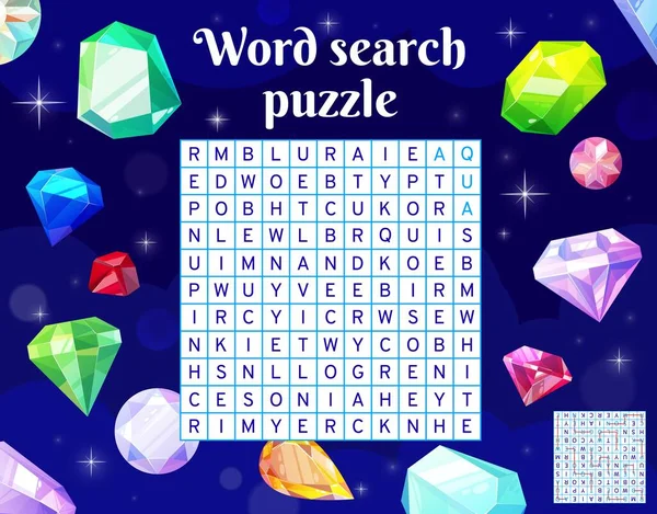 Gems Jewelry Crystals Word Search Puzzle Game Worksheet Quiz Grid — Stockvector