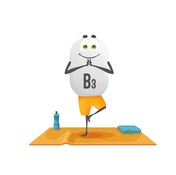 ヨガフィットネス上の漫画ビタミンB3文字 マットの上に立ちポーズでニコチン酸パーソナージュ瞑想 1本足でのアサナ姿勢での分離ベクトルカプセル ヨギ類での天然の健康食品要素 — ストックベクタ