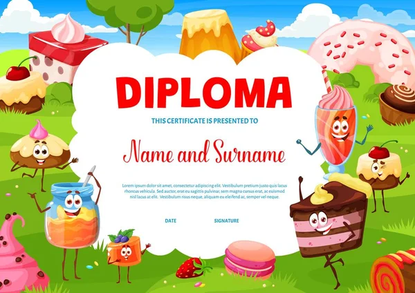 Kids Diploma Cartoon Sweets Desserts Cake Characters Summer Meadow Vector — Vetor de Stock