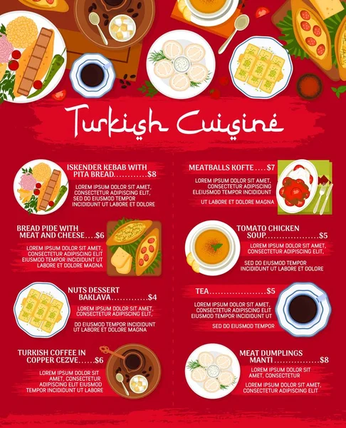 Turkish Cuisine Menu Page Design Turkish Coffee Copper Cezve Meatballs — Stock Vector