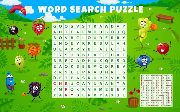Cartoon Berry Characters Summer Party Word Search Puzzle Game Worksheet — Vetor de Stock