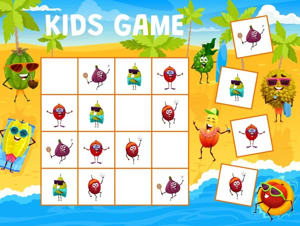Sudoku Kids Game Cartoon Fruits Characters Summer Beach Vector Quiz — Stock vektor