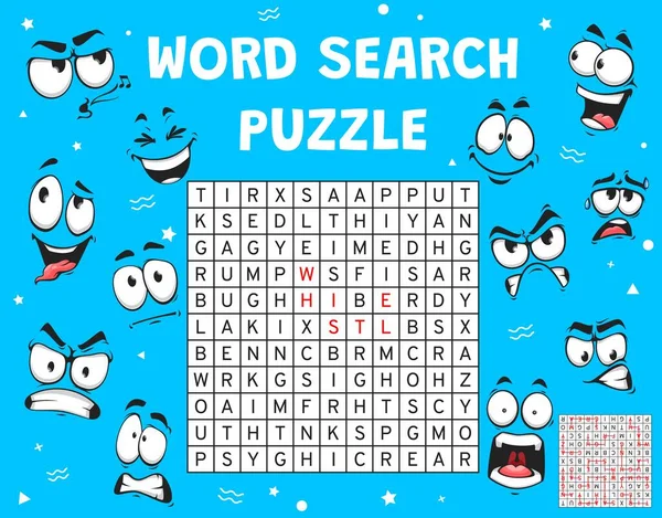 Cartoon Emoji Face Expression Word Search Puzzle Game Worksheet Vector — Stockvektor