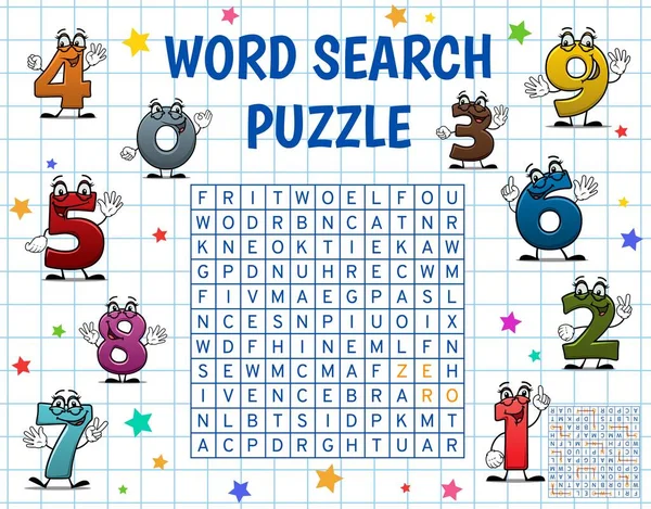 Cartoon School Numbers Digits Word Search Puzzle Game Worksheet Child — Vector de stock