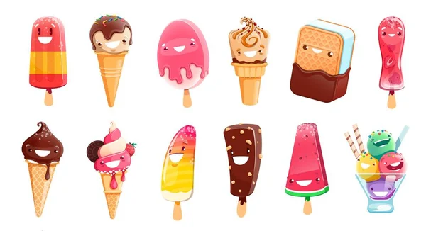 Cartoon Ice Cream Dessert Characters Isolated Vector Fruit Ice Waffle — 스톡 벡터