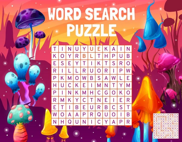 Magic Alien Mushrooms Word Search Puzzle Game Worksheet Vector Quiz — Stock vektor