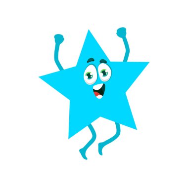 Blue star character, basic math shape, cheerful geometric figure personage. Isolated vector funny star jump with hands up. School education for kids, mathematics, geometry lessons, educational classes