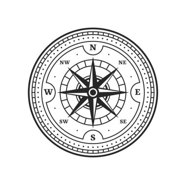 Antique compass. Medieval map wind rose. Nautical navigation, sea and ocean travel, treasure hunt vector vintage symbol, marine cartography, sailing and geography journey sign