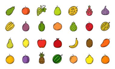 Raw fruit color line icons. Farm harvest outline symbols, healthy food thin line vector pictogram tropical fruits with mango, peach and grape, pear, melon, pitaya, kiwi and watermelon, plum icons
